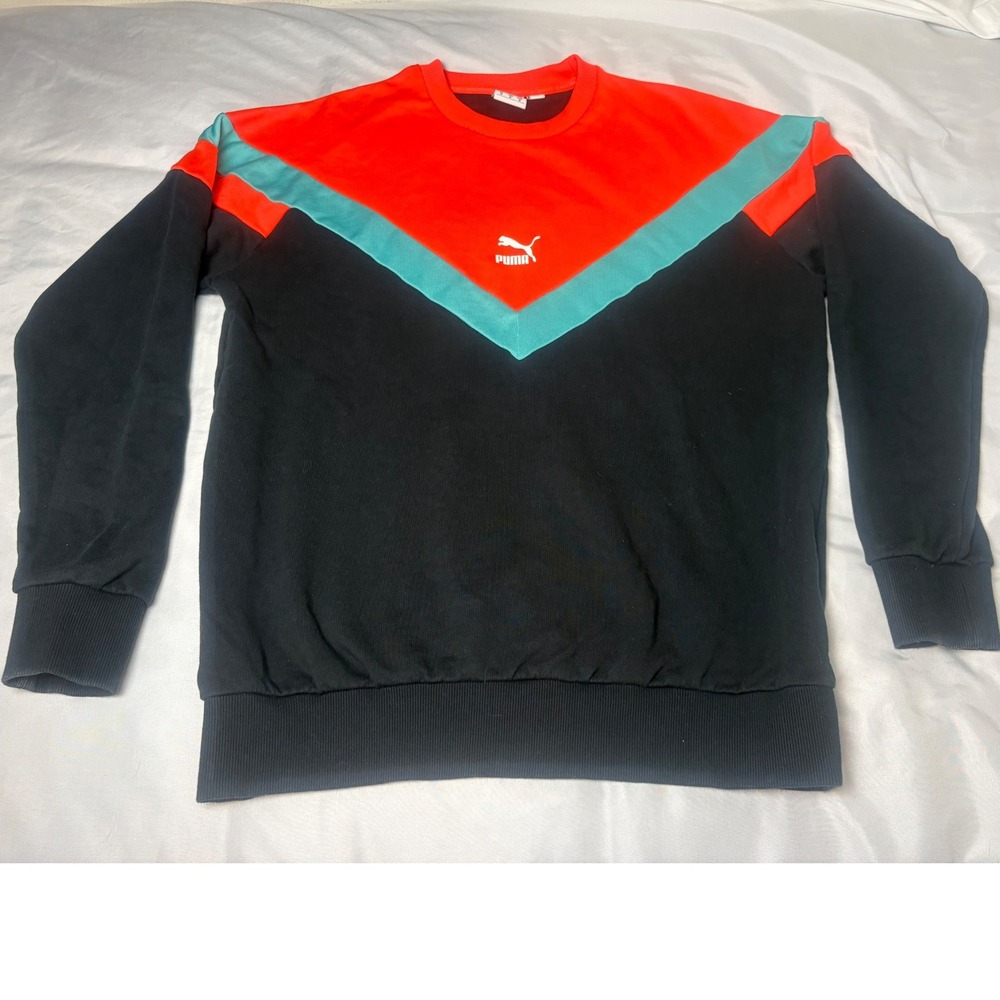 Puma Sweatshirt Mens Medium Black Orange Excellent Colorblock Chevron 595733-01